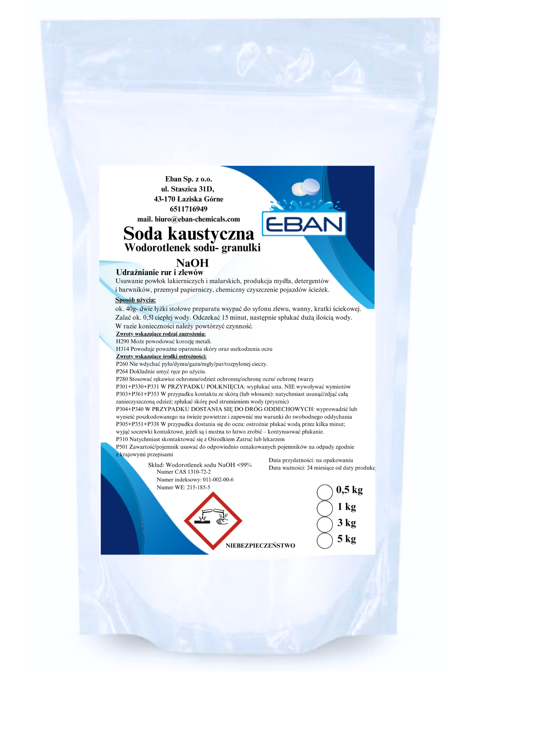 Soda kaustyczna 1 kg Wodorotlenek sodu, 1 kg