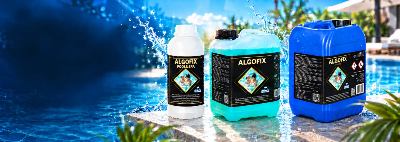 Algofix, Algofix Pool & SPA i Algofix Super w opakowaniach EBAN nad wodą basenu